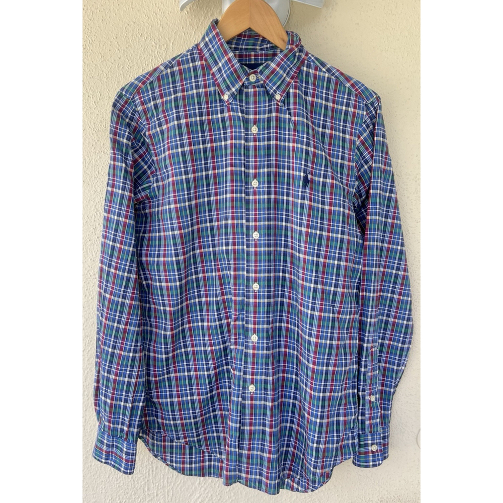 Ralph Lauren Womenโs SP Petite Blue Plaid Long Sleeve Button Down Western Prep